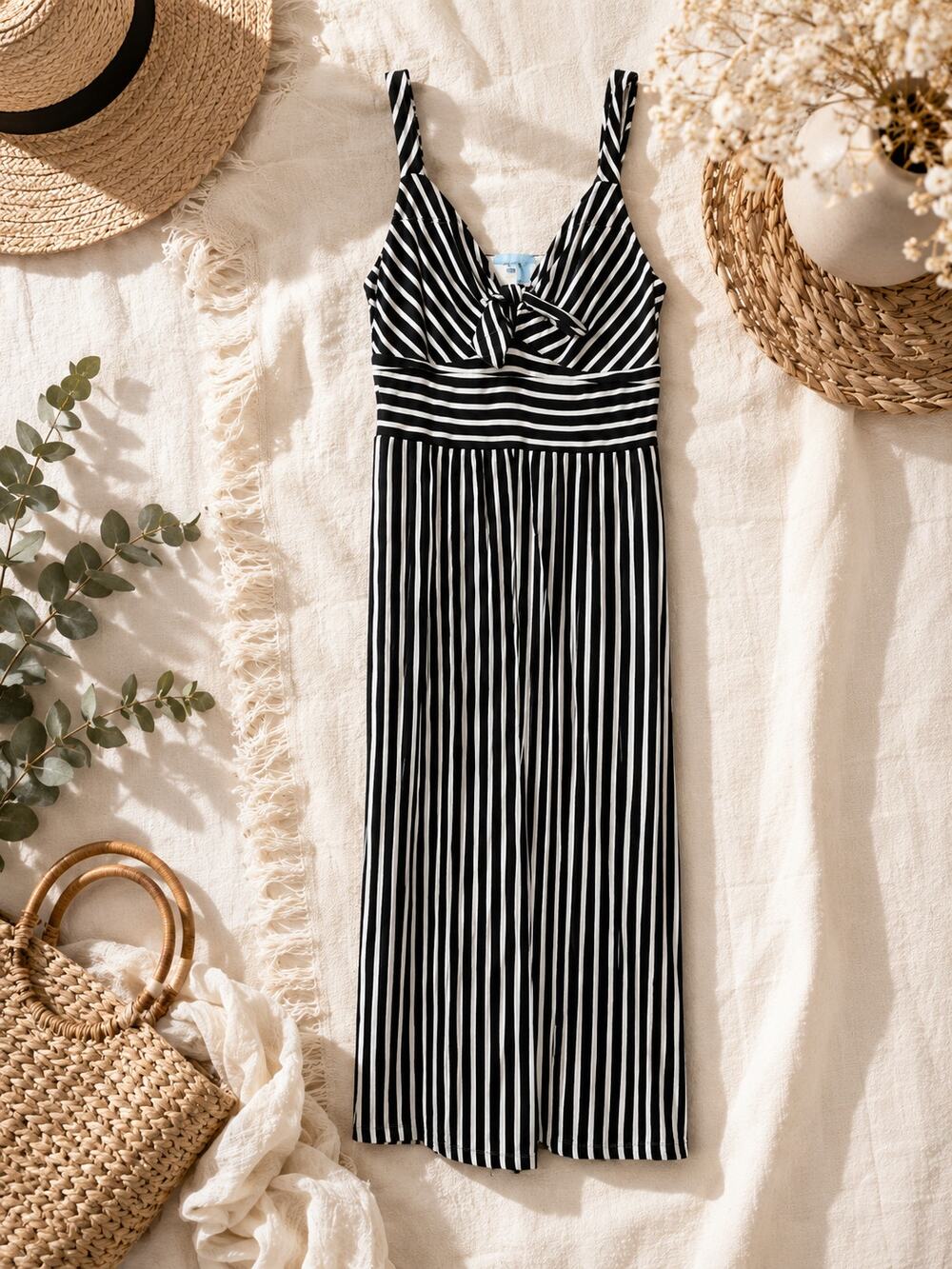 Draper James RSVP Striped Bow Front Midi Dress Navy White Coastal Nautical SZ L